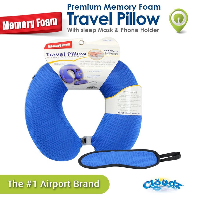 Cloudz - Memory Foam Neck Pillow with Sleep Mask: Sporty Blue/Black Plush - Image 3